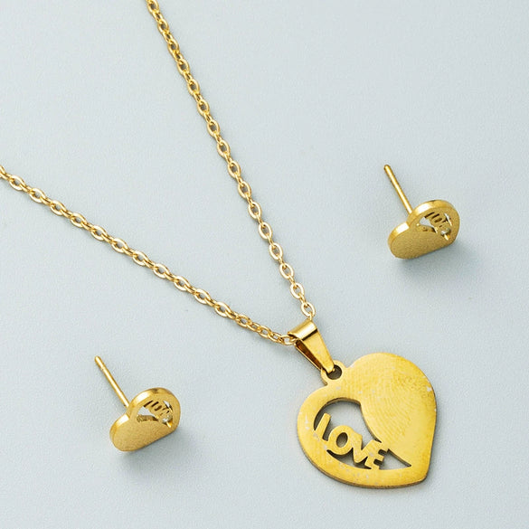 Gold Tone Geometric Love Pendant Necklace And Earrings Set In Electroplated Titanium Steel With Snake Bone Chain