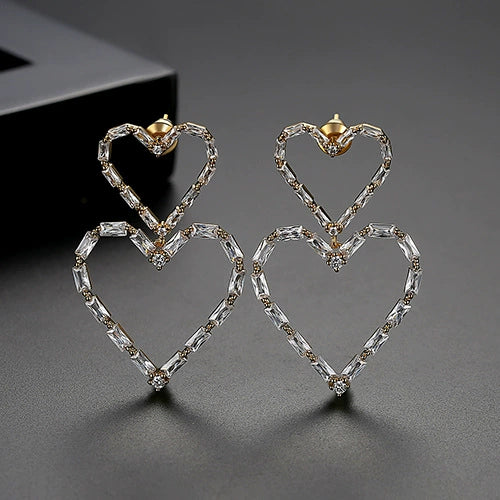 Gold Tone Hollow Double Heart Earrings With Zircon Inlay Electroplated Copper Women's Fashion Jewelry