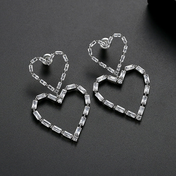 Gold Tone Hollow Double Heart Earrings With Zircon Inlay Electroplated Copper Women's Fashion Jewelry