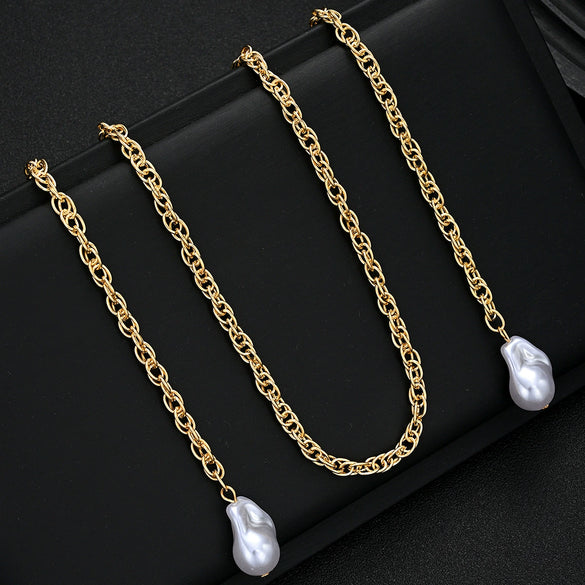 Gold Tone Iron Twisted Rope Necklace With Irregular Baroque Style Pearl Pendant Adjustable Layered Geometric Chain Jewelry For Women