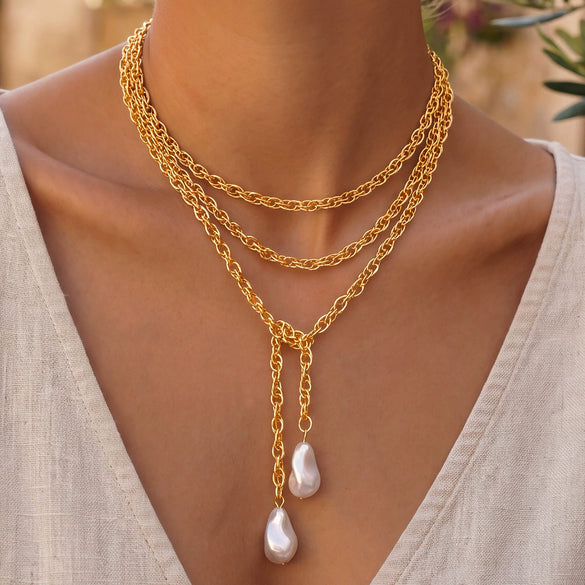 Gold Tone Iron Twisted Rope Necklace With Irregular Baroque Style Pearl Pendant Adjustable Layered Geometric Chain Jewelry For Women