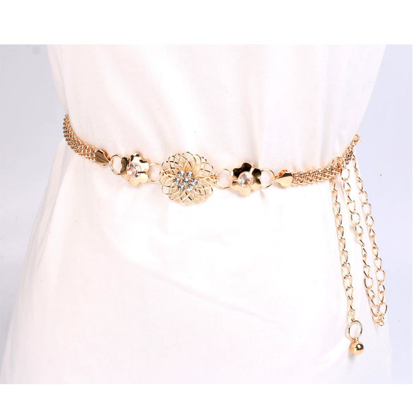 Gold Tone Metal Waist Chain Belt With Rhinestone Accents Alloy Buckle Hook Closure And Floral Punk Streetwear Style