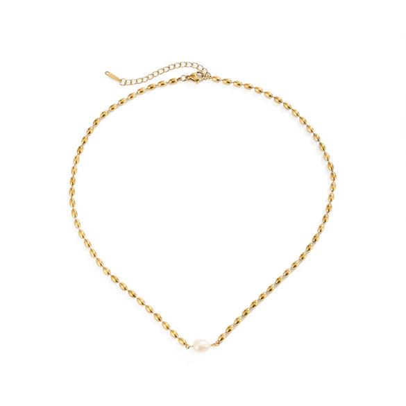Gold Tone Plated Stainless Steel Rice Grain Beaded Necklace With Irregular Geometric Imitation Pearl Pendant For Women