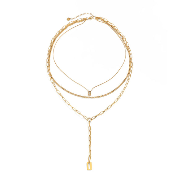 Gold Tone Stainless Steel Geometric Punk Necklace With Square Zircon Pendant Layered Chain Design And Vacuum Electroplated Finish