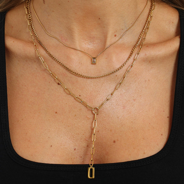 Gold Tone Stainless Steel Geometric Punk Necklace With Square Zircon Pendant Layered Chain Design And Vacuum Electroplated Finish