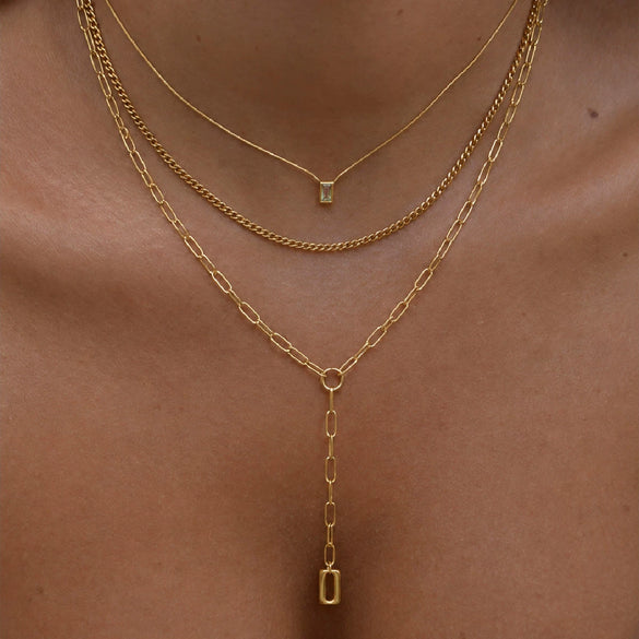 Gold Tone Stainless Steel Geometric Punk Necklace With Square Zircon Pendant Layered Chain Design And Vacuum Electroplated Finish