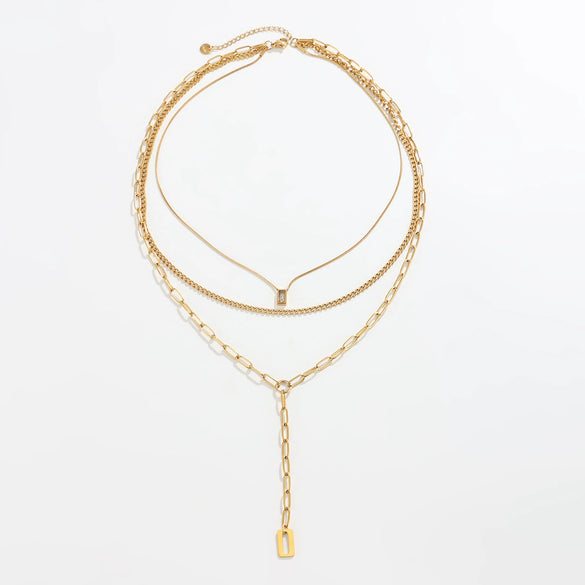 Gold Tone Stainless Steel Geometric Punk Necklace With Square Zircon Pendant Layered Chain Design And Vacuum Electroplated Finish