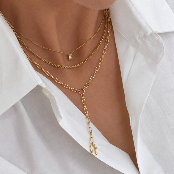 Gold Tone Stainless Steel Geometric Punk Necklace With Square Zircon Pendant Layered Chain Design And Vacuum Electroplated Finish