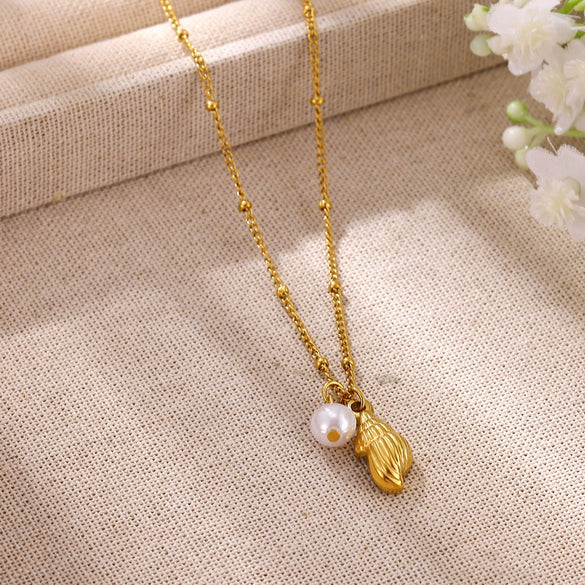 Gold Tone Stainless Steel Ocean Animal Pendant Necklace With Seahorse Conch Starfish And Faux Pearl On An Adjustable Olink Chain