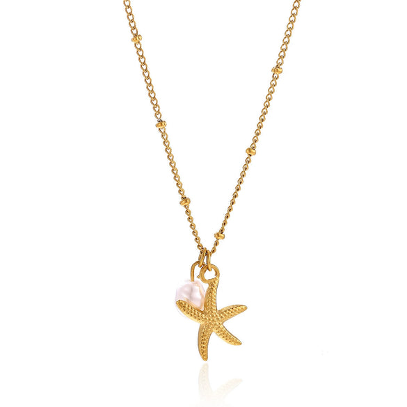 Gold Tone Stainless Steel Ocean Animal Pendant Necklace With Seahorse Conch Starfish And Faux Pearl On An Adjustable Olink Chain