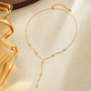Gold Tone Stainless Steel Wave Tassel Necklace With Zircon Embellishment And Geometric Y Shaped Pendant For Women