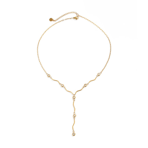 Gold Tone Stainless Steel Wave Tassel Necklace With Zircon Embellishment And Geometric Y Shaped Pendant For Women