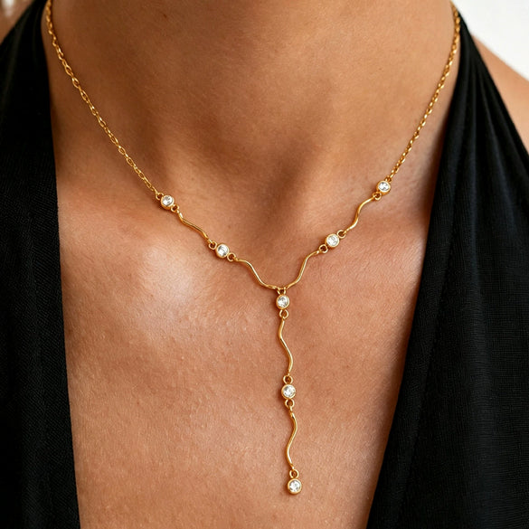Gold Tone Stainless Steel Wave Tassel Necklace With Zircon Embellishment And Geometric Y Shaped Pendant For Women