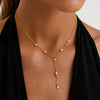 Gold Tone Stainless Steel Wave Tassel Necklace With Zircon Embellishment And Geometric Y Shaped Pendant For Women