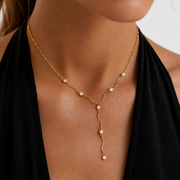 Gold Tone Stainless Steel Wave Tassel Necklace With Zircon Embellishment And Geometric Y Shaped Pendant For Women