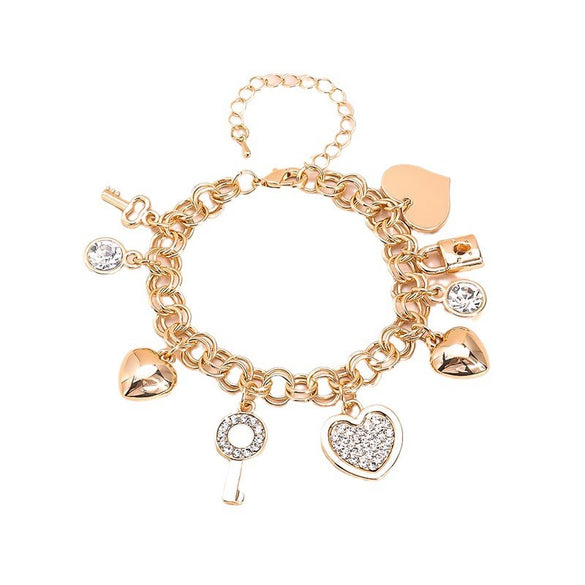 Gold Tone Zinc Alloy Key Lock And Heart Bracelet With Diamond Detail Electroplated Light Luxury Jewelry For Women And Men