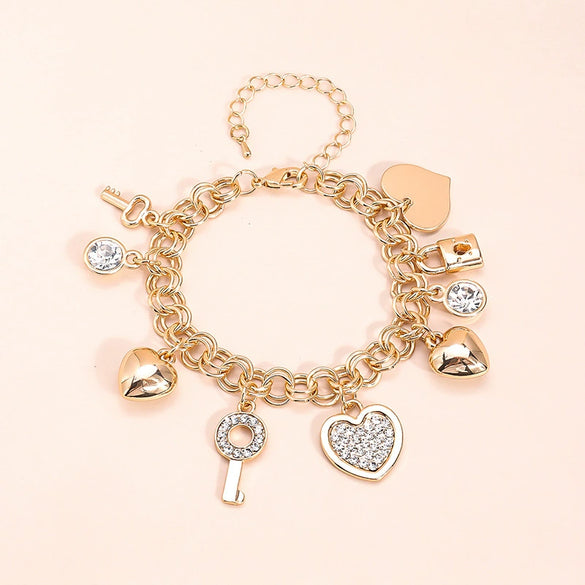 Gold Tone Zinc Alloy Key Lock And Heart Bracelet With Diamond Detail Electroplated Light Luxury Jewelry For Women And Men
