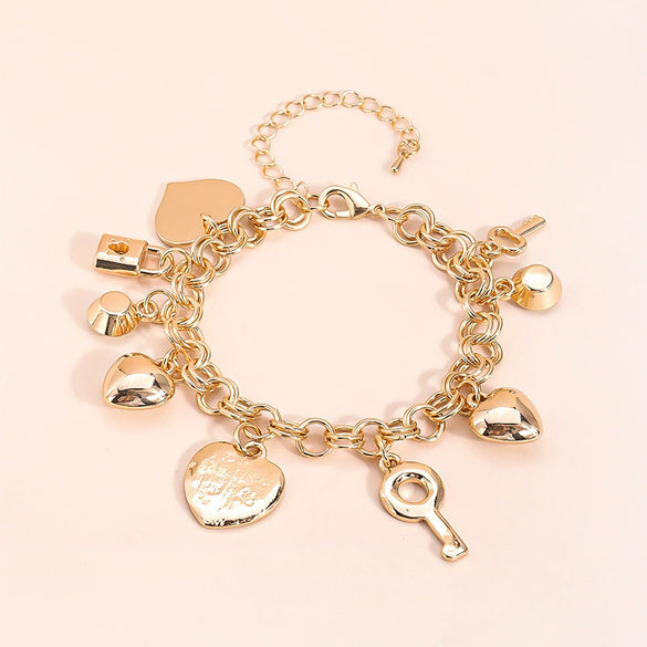 Gold Tone Zinc Alloy Key Lock And Heart Bracelet With Diamond Detail Electroplated Light Luxury Jewelry For Women And Men