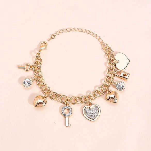 Gold Tone Zinc Alloy Key Lock And Heart Bracelet With Diamond Detail Electroplated Light Luxury Jewelry For Women And Men