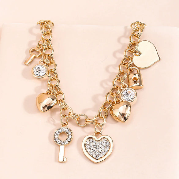 Gold Tone Zinc Alloy Key Lock And Heart Bracelet With Diamond Detail Electroplated Light Luxury Jewelry For Women And Men