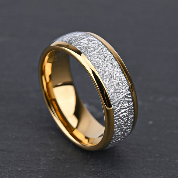 Gold Tungsten Ring With Spherical Meteorite Inlay And Silver Thread Minimalist Geometric Unisex Wedding Band