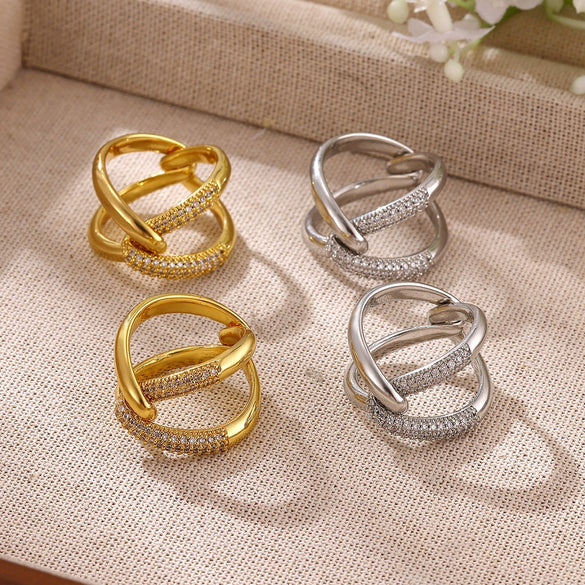 Goldplated Brass Geometric Ring With Synthetic Zircon Accents Twotone Twisted Open Band Adjustable Minimalist Jewelry For Women And Men