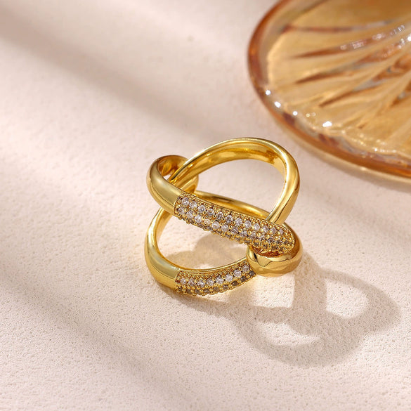 Goldplated Brass Geometric Ring With Synthetic Zircon Accents Twotone Twisted Open Band Adjustable Minimalist Jewelry For Women And Men