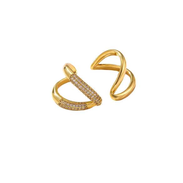 Goldplated Brass Geometric Ring With Synthetic Zircon Accents Twotone Twisted Open Band Adjustable Minimalist Jewelry For Women And Men