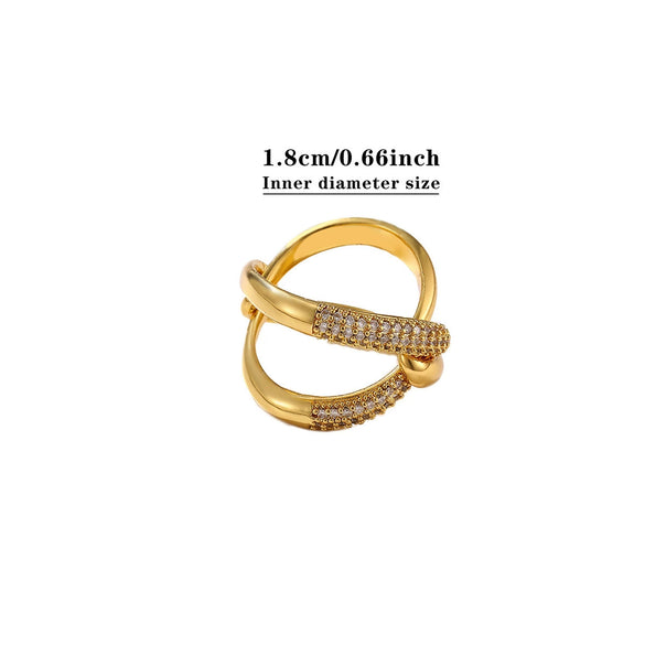 Goldplated Brass Geometric Ring With Synthetic Zircon Accents Twotone Twisted Open Band Adjustable Minimalist Jewelry For Women And Men