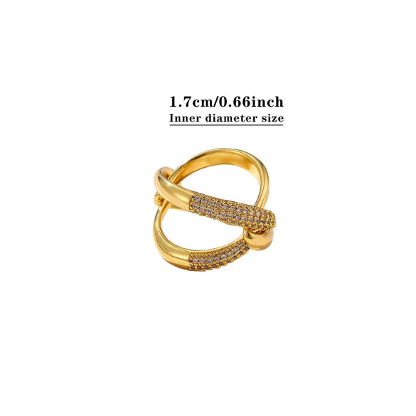 Goldplated Brass Geometric Ring With Synthetic Zircon Accents Twotone Twisted Open Band Adjustable Minimalist Jewelry For Women And Men