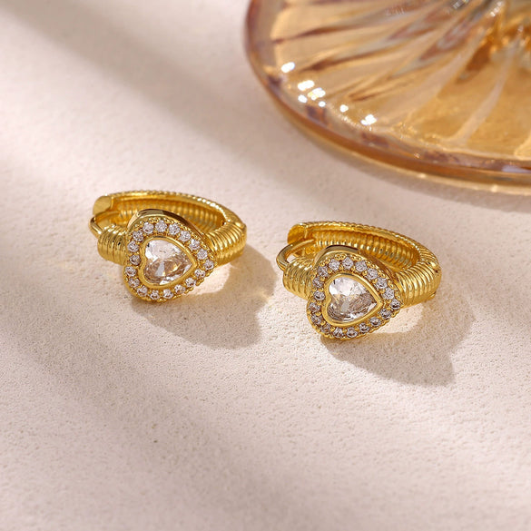Goldplated Copper Heartshaped Zircon Earrings With Hollow Doubleheart Design Minimalist Clipon Women's Jewelry
