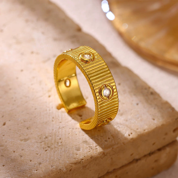 Goldplated Copper Zircon Geometric Wide Stripe Open Ring Exaggerated Minimalist Unisex Statement Jewelry