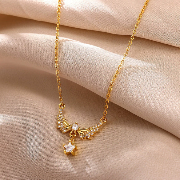 Goldplated Copper Zircon Star Angel Wing Pendant Necklace For Women Sweet Geometric Jewelry