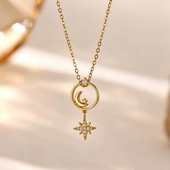 Goldplated Copper Zircon Star Angel Wing Pendant Necklace For Women Sweet Geometric Jewelry