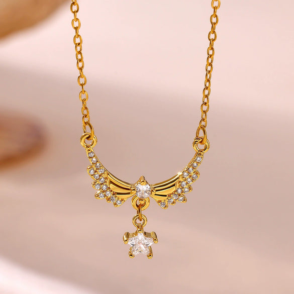 Goldplated Copper Zircon Star Angel Wing Pendant Necklace For Women Sweet Geometric Jewelry