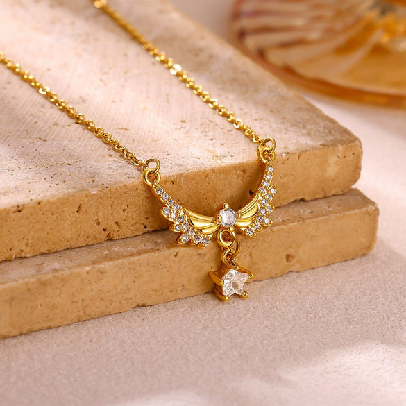Goldplated Copper Zircon Star Angel Wing Pendant Necklace For Women Sweet Geometric Jewelry