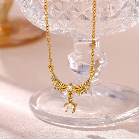 Goldplated Copper Zircon Star Angel Wing Pendant Necklace For Women Sweet Geometric Jewelry