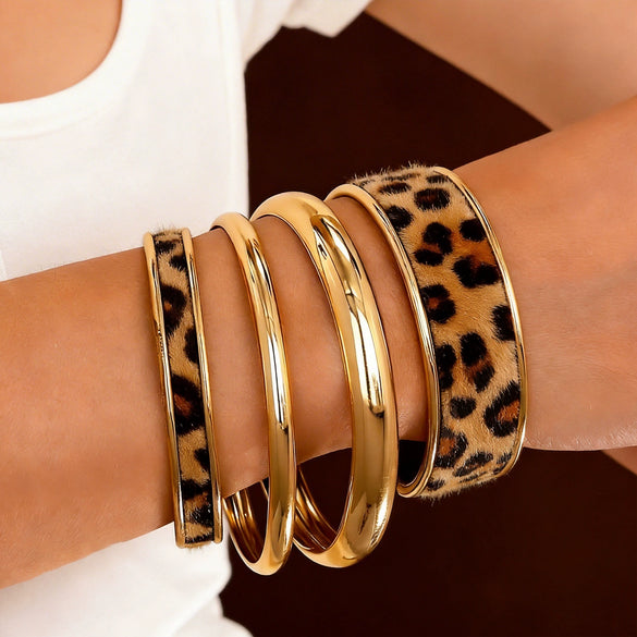 Goldplated Geometric Leopard Print Stackable Bracelet For Women Narrow Glossy Fashion Jewelry