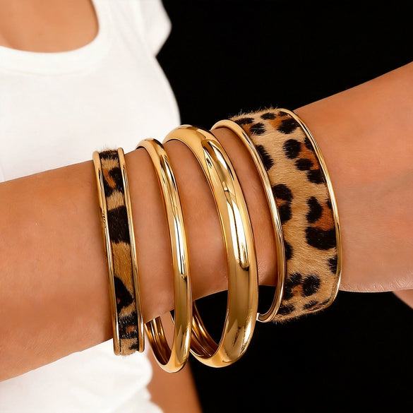 Goldplated Geometric Leopard Print Stackable Bracelet For Women Narrow Glossy Fashion Jewelry