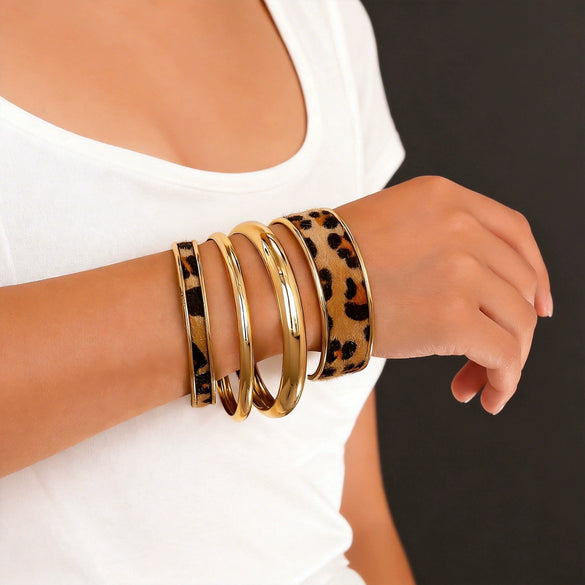 Goldplated Geometric Leopard Print Stackable Bracelet For Women Narrow Glossy Fashion Jewelry