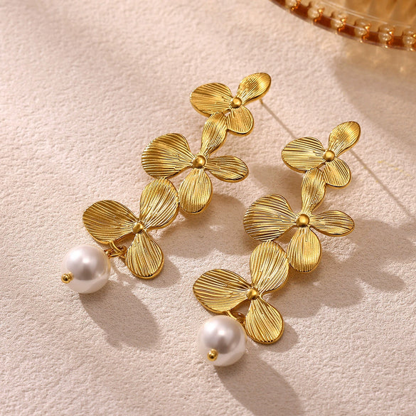 Goldplated Stainless Steel Floral Petal Tassel Stud Earrings For Women Elegant Botanical Statement Jewelry