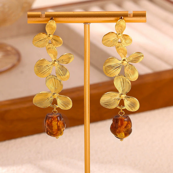 Goldplated Stainless Steel Floral Petal Tassel Stud Earrings For Women Elegant Botanical Statement Jewelry