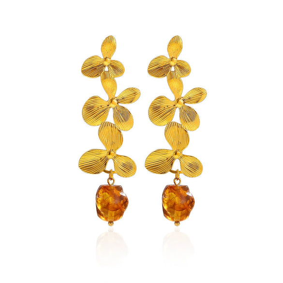 Goldplated Stainless Steel Floral Petal Tassel Stud Earrings For Women Elegant Botanical Statement Jewelry