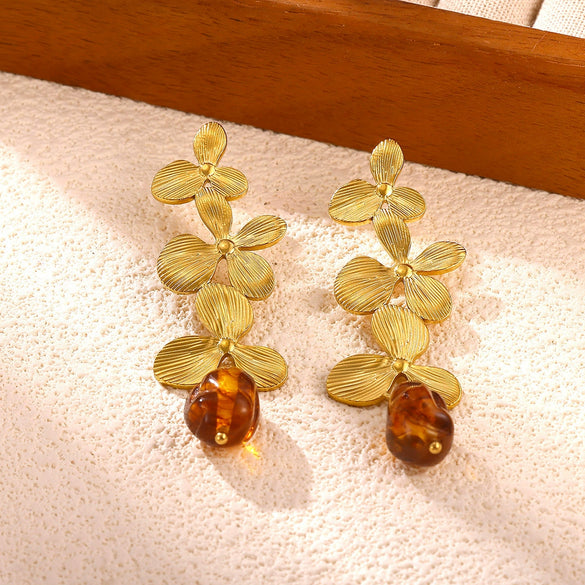 Goldplated Stainless Steel Floral Petal Tassel Stud Earrings For Women Elegant Botanical Statement Jewelry