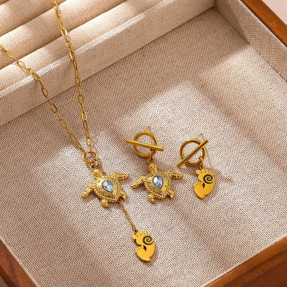 Goldplated Stainless Steel Oceaninspired Turtle Pendant Earrings And Geometric Animal Jewelry Set For Women