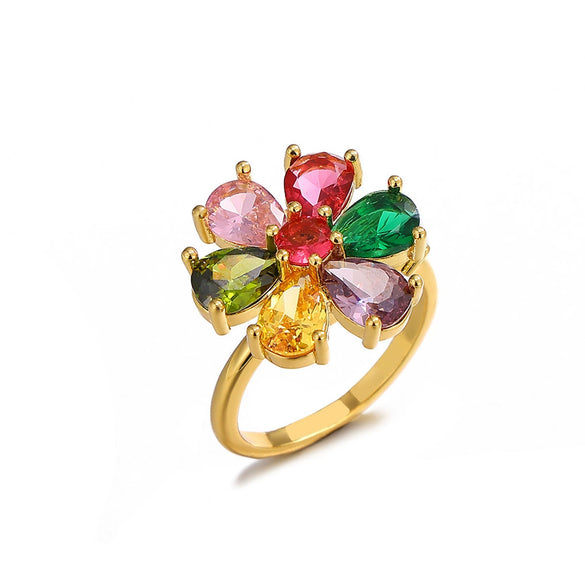 Goldplated Stainless Steel Open Doublelayer Flower Ring With Bright Zircon Details For Women