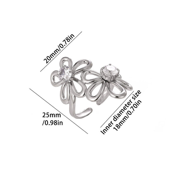 Goldplated Stainless Steel Open Doublelayer Flower Ring With Bright Zircon Details For Women