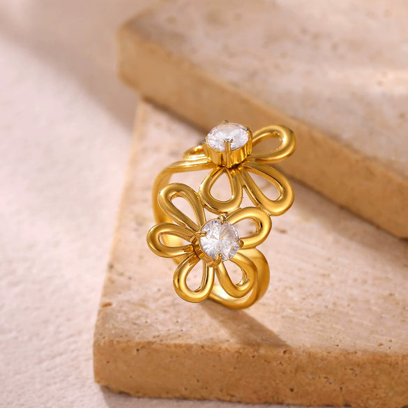 Goldplated Stainless Steel Open Doublelayer Flower Ring With Bright Zircon Details For Women