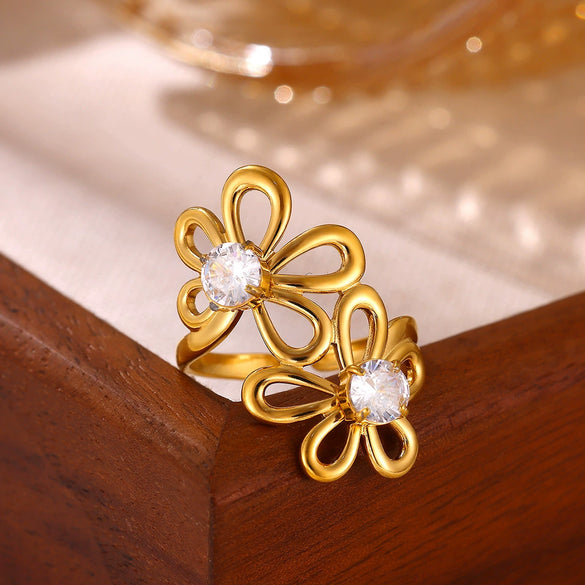 Goldplated Stainless Steel Open Doublelayer Flower Ring With Bright Zircon Details For Women