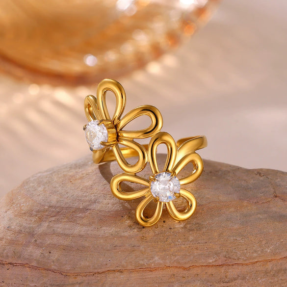 Goldplated Stainless Steel Open Doublelayer Flower Ring With Bright Zircon Details For Women